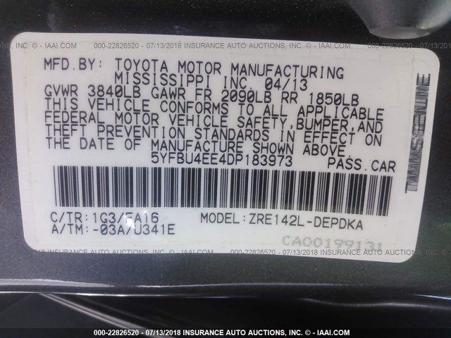 5YFBU4EE4DP183973 - 2013 TOYOTA COROLLA S/LE GRAY photo 9