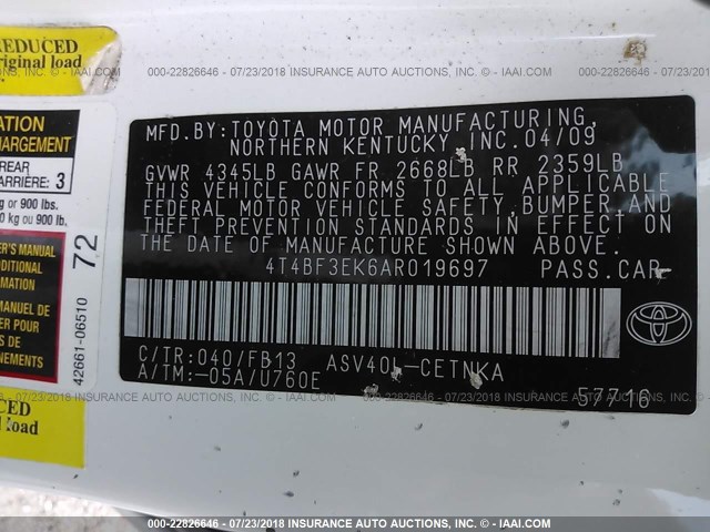 4T4BF3EK6AR019697 - 2010 TOYOTA CAMRY SE/LE/XLE WHITE photo 9