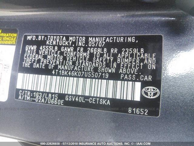 4T1BK46K07U550719 - 2007 TOYOTA CAMRY NEW GENERAT LE/XLE/SE GRAY photo 9