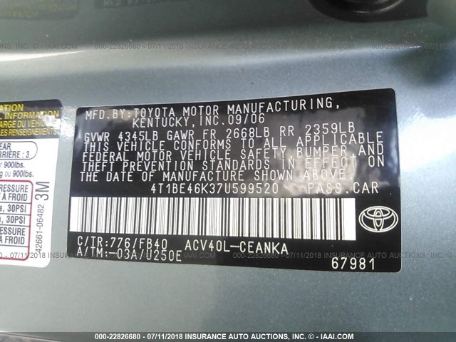 4T1BE46K37U599520 - 2007 TOYOTA CAMRY NEW GENERAT CE/LE/XLE/SE GREEN photo 9