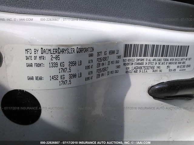 1J4GR48K75C627456 - 2005 JEEP GRAND CHEROKEE LAREDO/COLUMBIA/FREEDOM 白色 照片 9