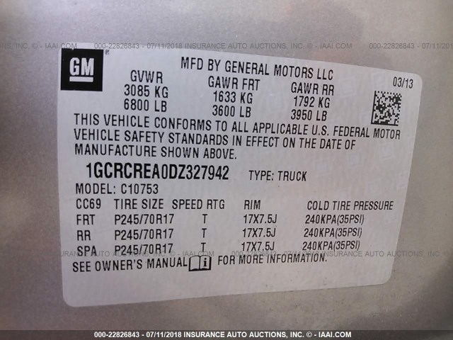 1GCRCREA0DZ327942 - 2013 CHEVROLET SILVERADO C1500  LS GRAY photo 9