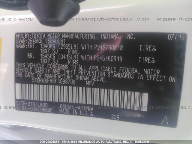 5TDKKRFH8FS098799 - 2015 TOYOTA HIGHLANDER XLE თეთრი ფოტო 9