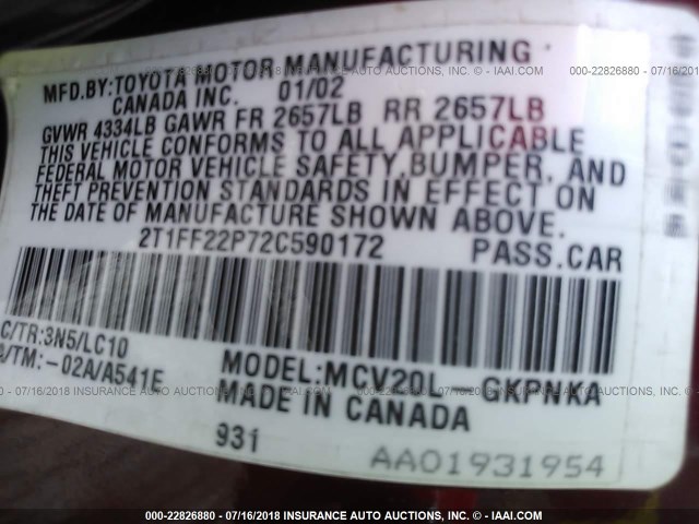 2T1FF22P72C590172 - 2002 TOYOTA CAMRY SOLARA SE/SLE RED photo 9