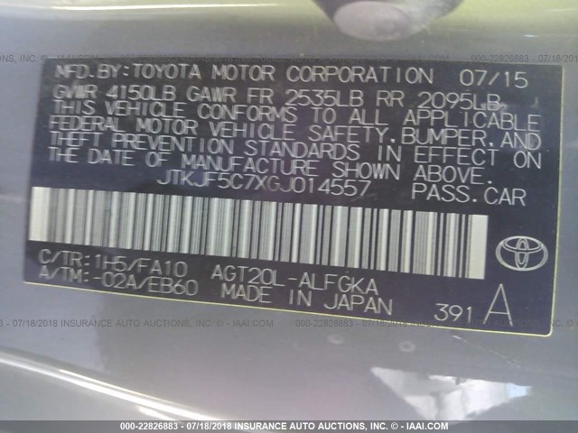 JTKJF5C7XGJ014557 - 2016 TOYOTA SCION TC 灰色 照片 9