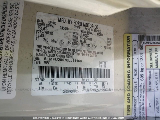 5LMFU28576LJ11168 - 2006 LINCOLN NAVIGATOR Beyaz fotoğraf 9