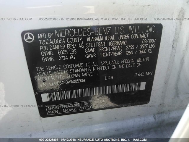 4JGAB54E0WA005909 - 1998 MERCEDES-BENZ ML 320 WHITE photo 9