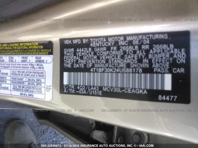 4T1BF30K24U588178 - 2004 TOYOTA CAMRY LE/XLE/SE Bej foto 9