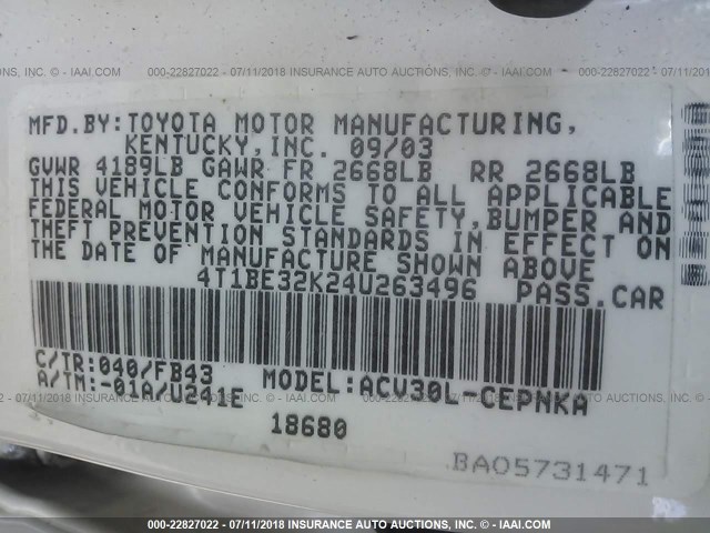 4T1BE32K24U263496 - 2004 TOYOTA CAMRY LE/XLE/SE Ақ фото 9