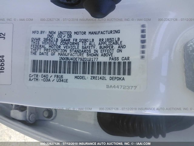 1NXBU40E79Z012177 - 2009 TOYOTA COROLLA S/LE/XLE WHITE photo 9