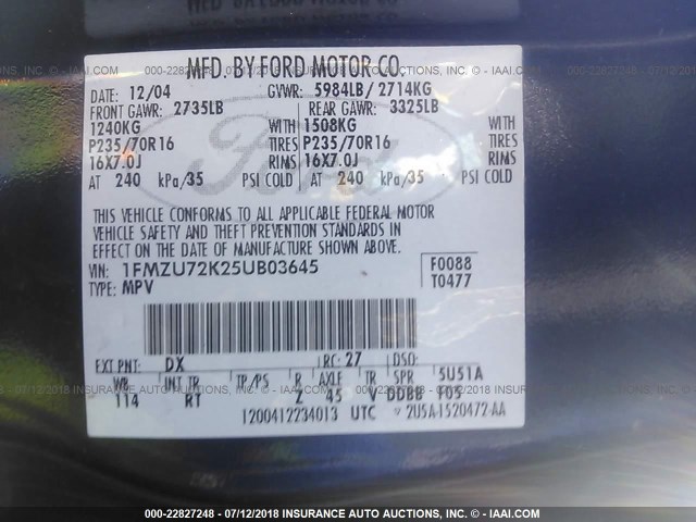 1FMZU72K25UB03645 - 2005 FORD EXPLORER XLS/XLS SPORT BLUE photo 9