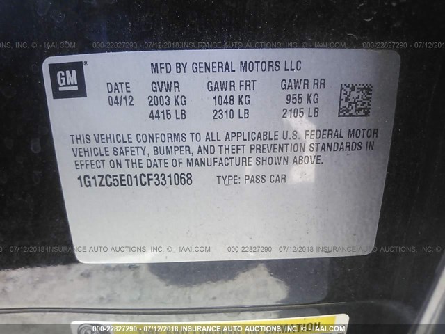 1G1ZC5E01CF331068 - 2012 CHEVROLET MALIBU 1LT 黑色 照片 9