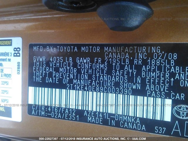 2T1KE40E89C003390 - 2009 TOYOTA COROLLA MATRIX S ORANGE photo 9