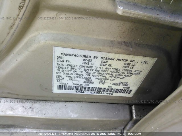 1N4AL11DX3C330658 - 2003 NISSAN ALTIMA S/SL TAN photo 9