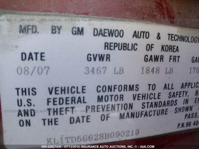 KL1TD56628B090219 - 2008 CHEVROLET AVEO LS MAROON photo 9