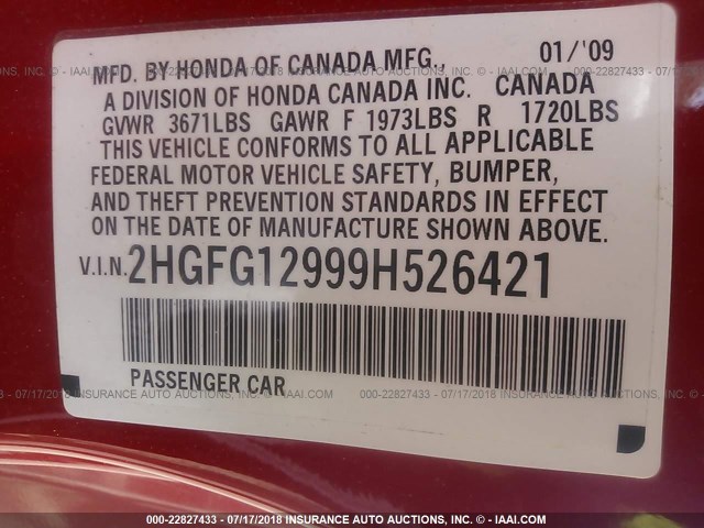2HGFG12999H526421 - 2009 HONDA CIVIC EXL RED photo 9