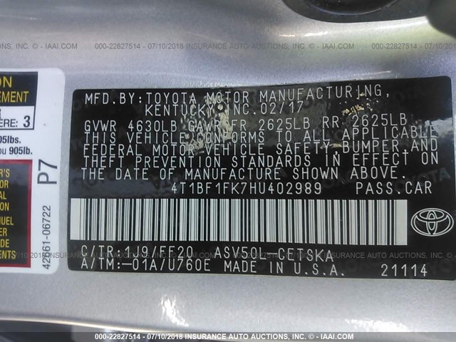 4T1BF1FK7HU402989 - 2017 TOYOTA CAMRY LE/XLE/SE/XSE SILVER photo 9