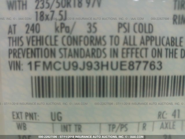 1FMCU9J93HUE87763 - 2017 FORD ESCAPE TITANIUM WHITE photo 9