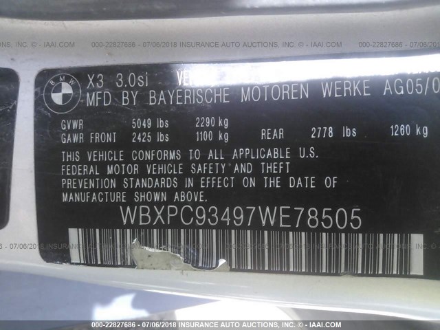 WBXPC93497WE78505 - 2007 BMW X3 3.0SI SILVER photo 9