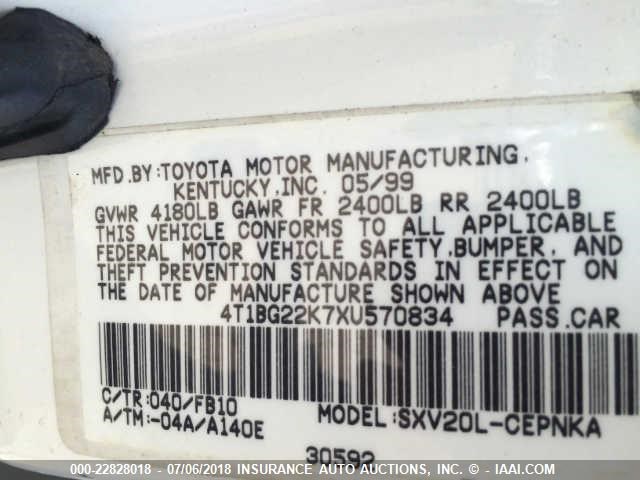4T1BG22K7XU570834 - 1999 TOYOTA CAMRY CE/LE/XLE 白色 照片 9