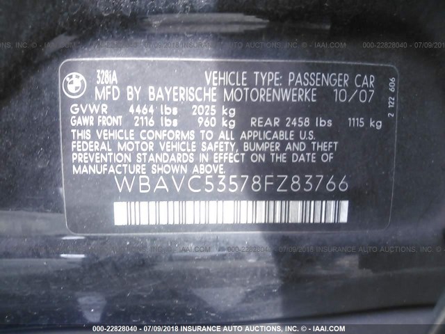 WBAVC53578FZ83766 - 2008 BMW 328 I SULEV BLACK photo 9