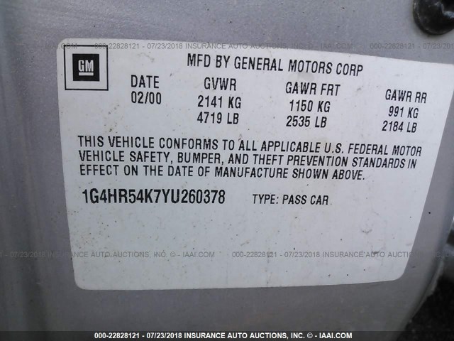 1G4HR54K7YU260378 - 2000 BUICK LESABRE LIMITED SILVER photo 9