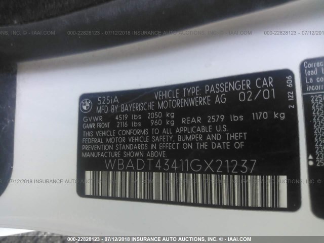 WBADT43411GX21237 - 2001 BMW 525 I AUTOMATIC WHITE photo 9