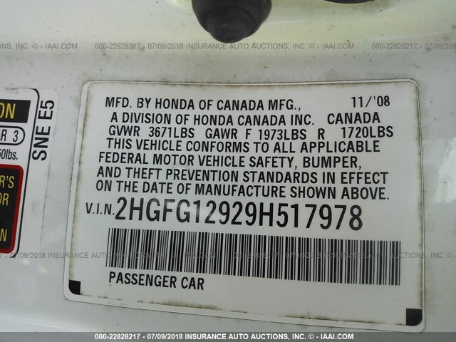 2HGFG12929H517978 - 2009 HONDA CIVIC EXL WHITE photo 9
