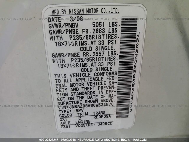 JN8AZ08W66W534570 - 2006 NISSAN MURANO SL/SE/S WHITE photo 9