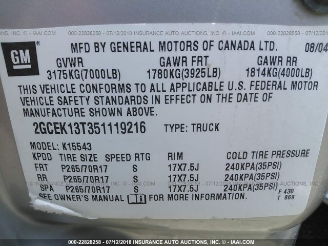 2GCEK13T351119216 - 2005 CHEVROLET SILVERADO K1500 SILVER photo 9