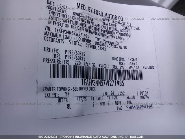 1FAFP34N57W271985 - 2007 FORD FOCUS ZX4/S/SE/SES 白色 照片 9