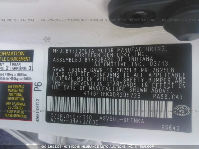 4T4BF1FKXDR295226 - 2013 TOYOTA CAMRY L/SE/LE/XLE 白色 照片 9