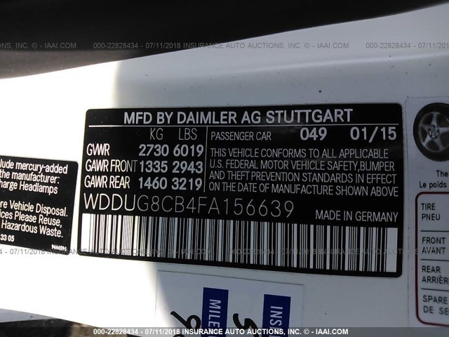 WDDUG8CB4FA156639 - 2015 MERCEDES-BENZ S 550 WHITE photo 9
