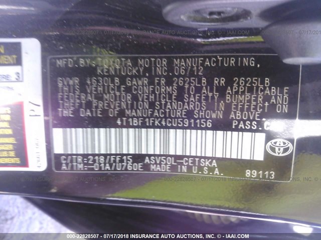 4T1BF1FK4CU591156 - 2012 TOYOTA CAMRY SE/LE/XLE BLACK photo 9