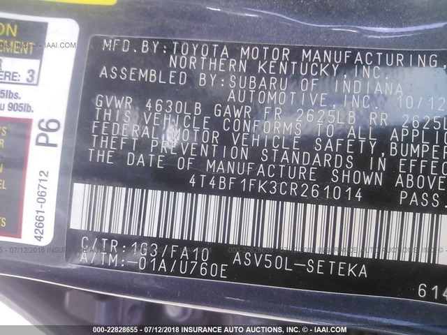 4T4BF1FK3CR261014 - 2012 TOYOTA CAMRY SE/LE/XLE GRAY photo 9