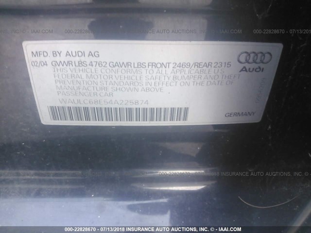 WAULC68E54A225874 - 2004 AUDI A4 1.8T QUATTRO BLACK photo 9