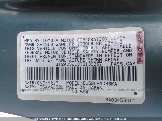 JT2AC52L3T0139357 - 1996 TOYOTA TERCEL STD/DX GREEN photo 9