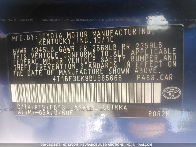 4T1BF3EK9BU665666 - 2011 TOYOTA CAMRY SE/LE/XLE BLUE photo 9