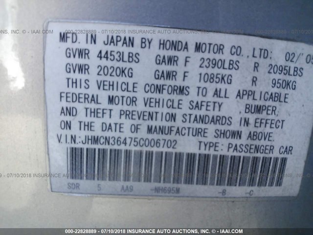 JHMCN36475C006702 - 2005 HONDA ACCORD HYBRID SILVER photo 9