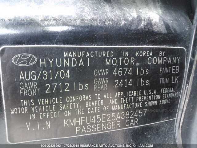 KMHFU45E25A382457 - 2005 HYUNDAI XG 350 BLACK photo 9