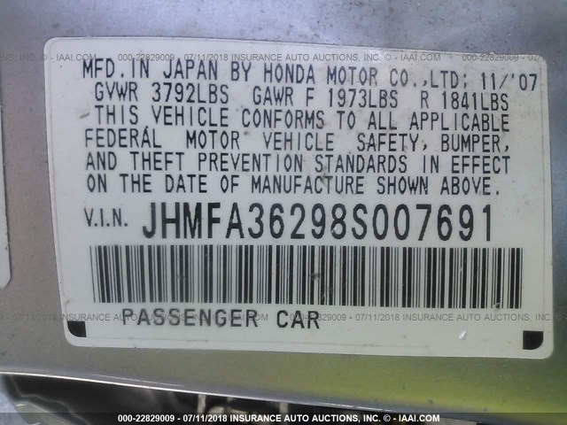 JHMFA36298S007691 - 2008 HONDA CIVIC HYBRID SILVER photo 9