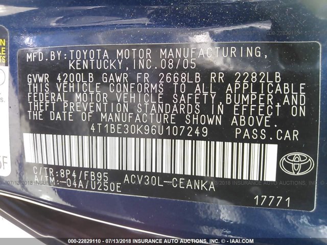 4T1BE30K96U107249 - 2006 TOYOTA CAMRY LE/XLE/SE Tünd mavi foto 9