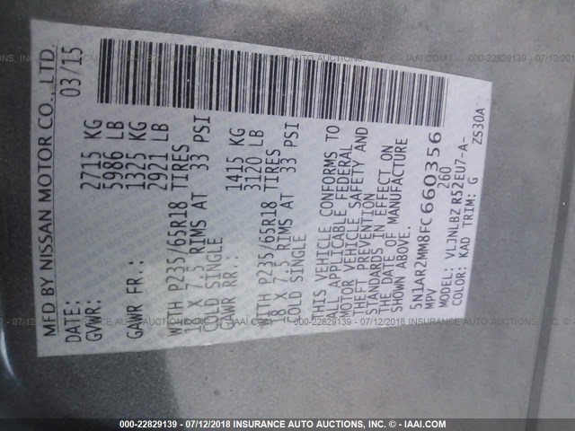 5N1AR2MM8FC660356 - 2015 NISSAN PATHFINDER S/SV/SL/PLATINUM 灰色 照片 9