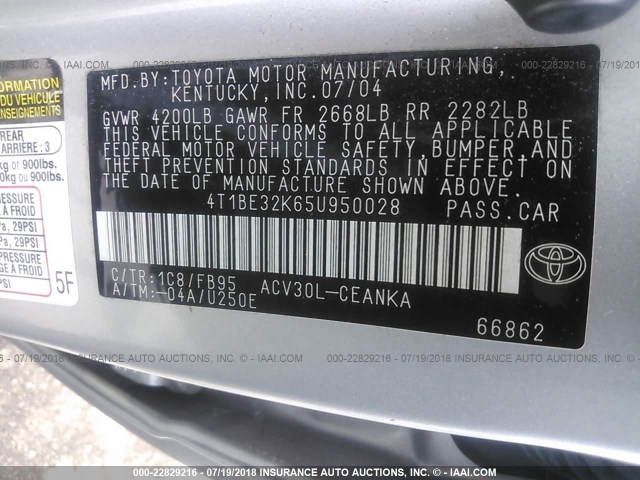 4T1BE32K65U950028 - 2005 TOYOTA CAMRY LE/XLE/SE Boz foto 9