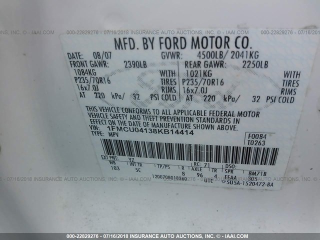 1FMCU04138KB14414 - 2008 FORD ESCAPE LIMITED WHITE photo 9