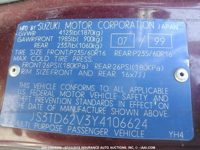 JS3TD62V3Y4106624 - 2000 SUZUKI GRAND VITARA JLX/LIMITED/JX MAROON photo 9