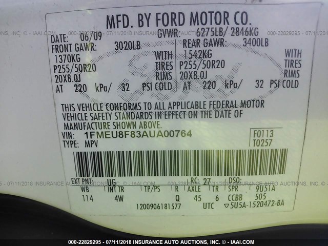 1FMEU8F83AUA00764 - 2010 FORD EXPLORER LIMITED 白色 照片 9