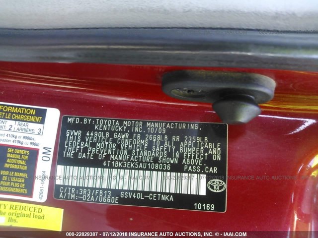 4T1BK3EK5AU108036 - 2010 TOYOTA CAMRY SE/LE/XLE RED photo 9