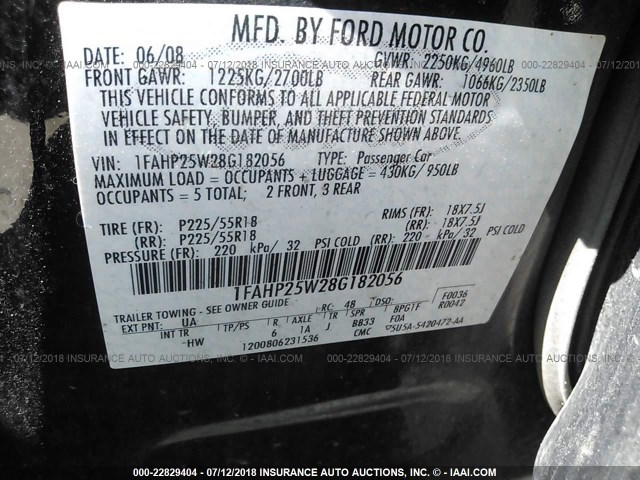 1FAHP25W28G182056 - 2008 FORD TAURUS LIMITED BLACK photo 9