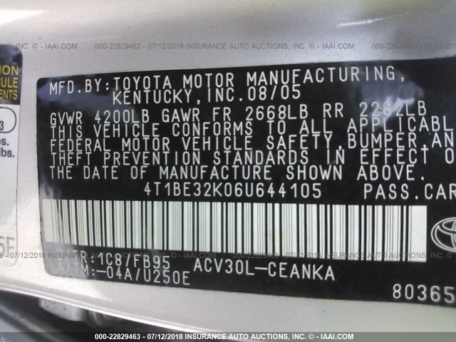 4T1BE32K06U644105 - 2006 TOYOTA CAMRY LE/XLE/SE 蓝色 照片 9